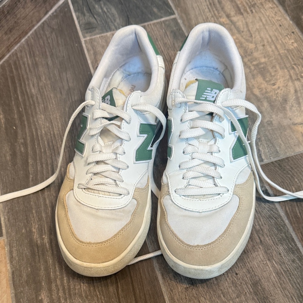 New Balance White Sneakers with Green Logo and Tan Overlays